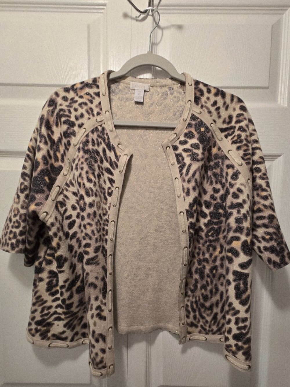 CHICO'S Women's Metallic Leopard Print Open Front 3/4 Sleeves Cardigan - Size 2